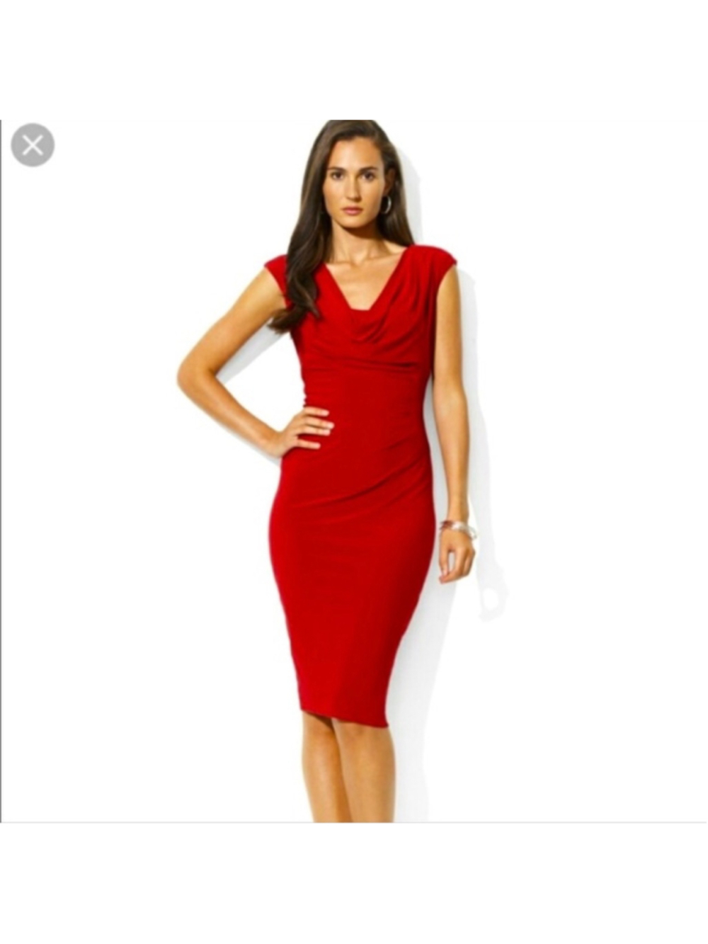 Lauren Ralph Lauren Red Cowl Neck Sheath Dress Size 8 Stretchy Ruched Flattering